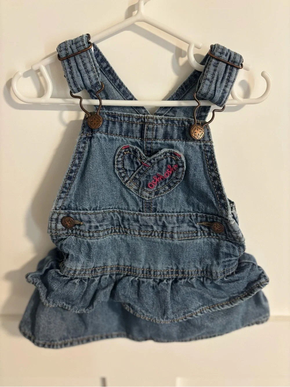 OshKosh B'gosh Blue Denim Ruffle Overall Dress with Heart Patch